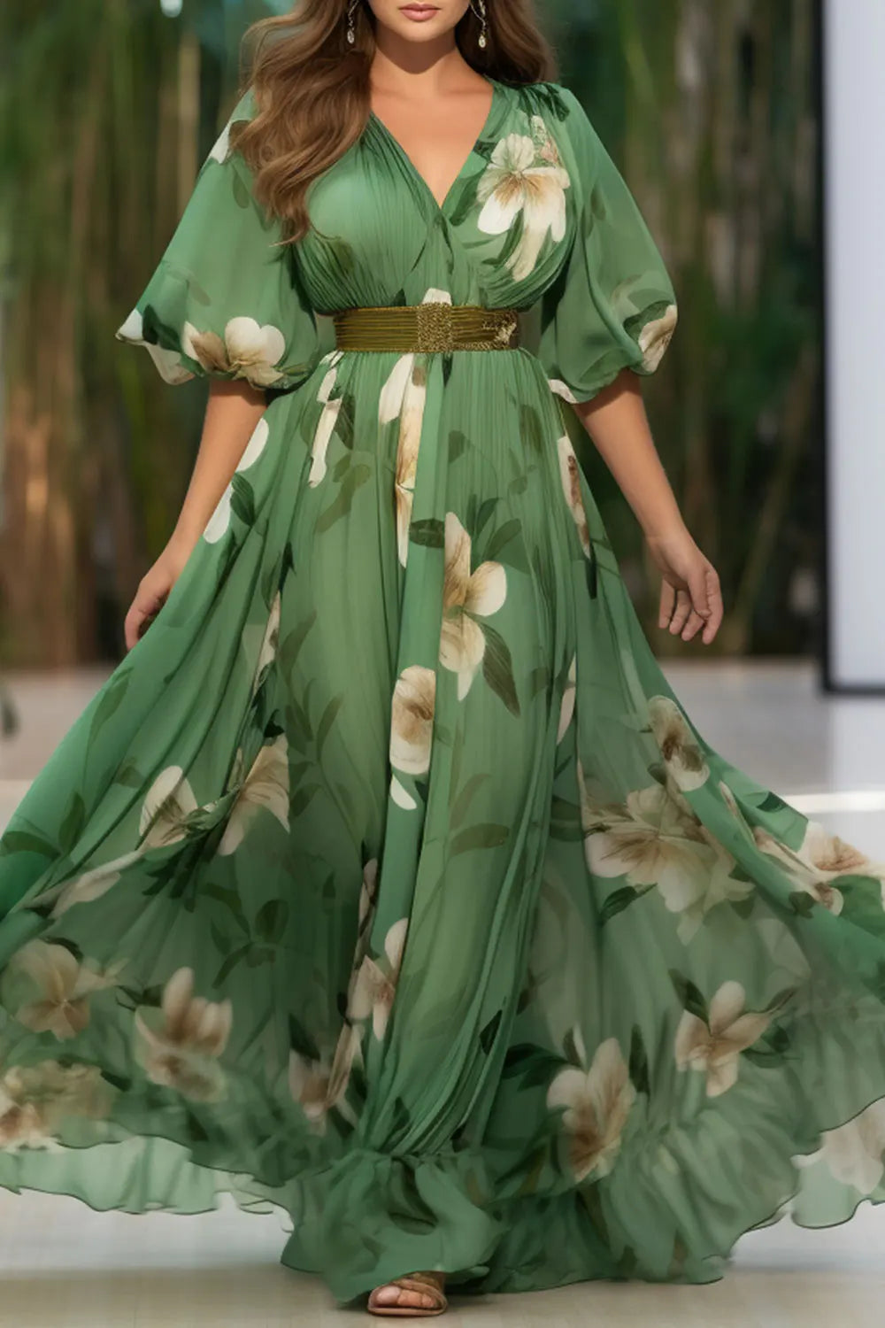 Flycurvy Plus Size Everyday Green Floral Print Lantern Sleeve Empire Waist Maxi Dress