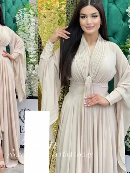 Aileen Modest Chiffon فساتين السهرة Green Prom Dresses Customized Muslim Trumpet Sleeve Vestidos De Noche Silk Chiffon Prom Gown