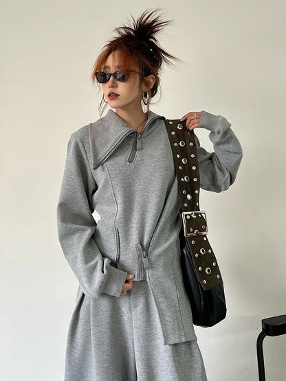 EAM Gray Irregular Zipper Spliced Sweatshirt New Stand Collar Long Sleeve Waist Women Fashion Tide Spring Autumn 2025 30A3036
