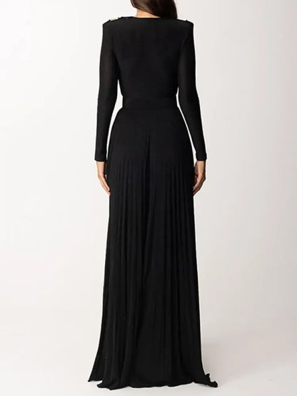 Tinaa Women Evening Dresses Belted Pleated Solid Color Split-side Long Sleeves Wrap V-neck Maxi Dresses for Ladies Party Dress