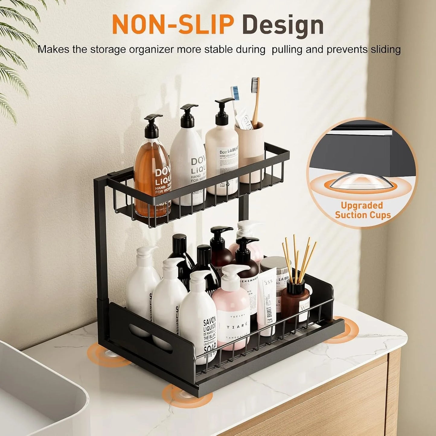 Under Sink Organizer Metal Pull Out Cabinet Organizer Spice Rack Kitchen Bathroom Organizers and Storage with Sliding Drawer