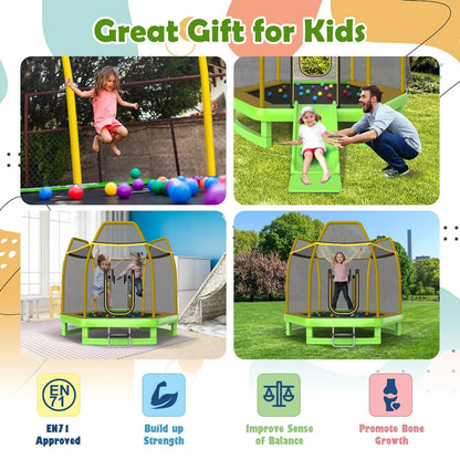 DORTALA 7FT Kids Trampoline Toddler Fitness Jumper Safety Enclosure Ladder With Slide
