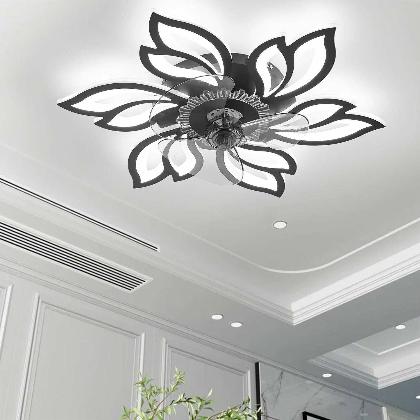 Black Modern Flower Ceiling Fan with 3 Color Lights