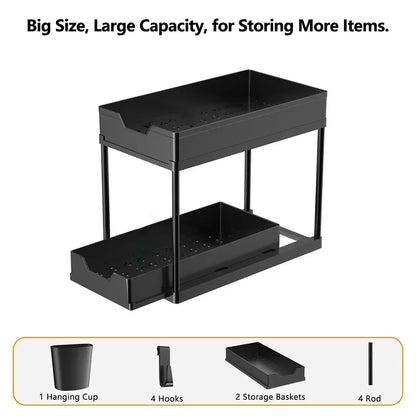 Under Sink Organizer Sliding Cabinet Drawers Storage Kitchen 2 Tiers Racks Multi-Purpose Pull Out Cabinet Storage Shelf Holders