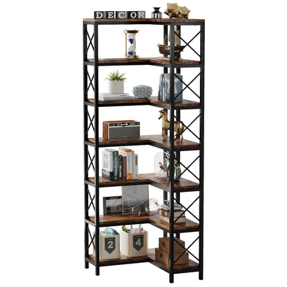 7-Shelf Corner Bookshelf,Large Modern Corner Bookcase, 7-Tier Tall Corner Shelf Storage Display Rack with Metal Frame