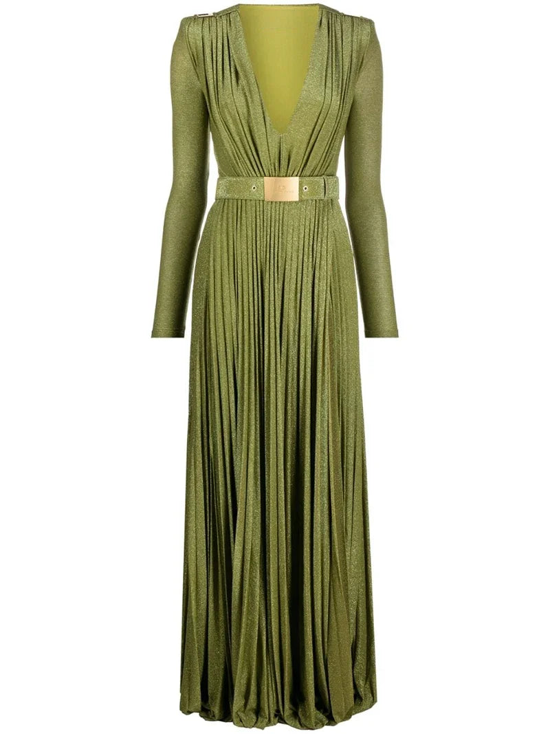 Tinaa Women Evening Dresses Belted Pleated Solid Color Split-side Long Sleeves Wrap V-neck Maxi Dresses for Ladies Party Dress