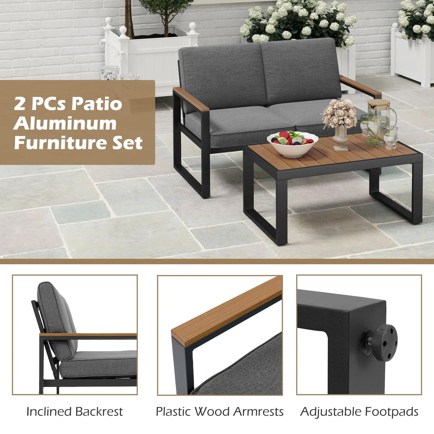 GOFLAME 2 Piece Patio Aluminum Furniture Set Outdoor Conversation Set-Gray