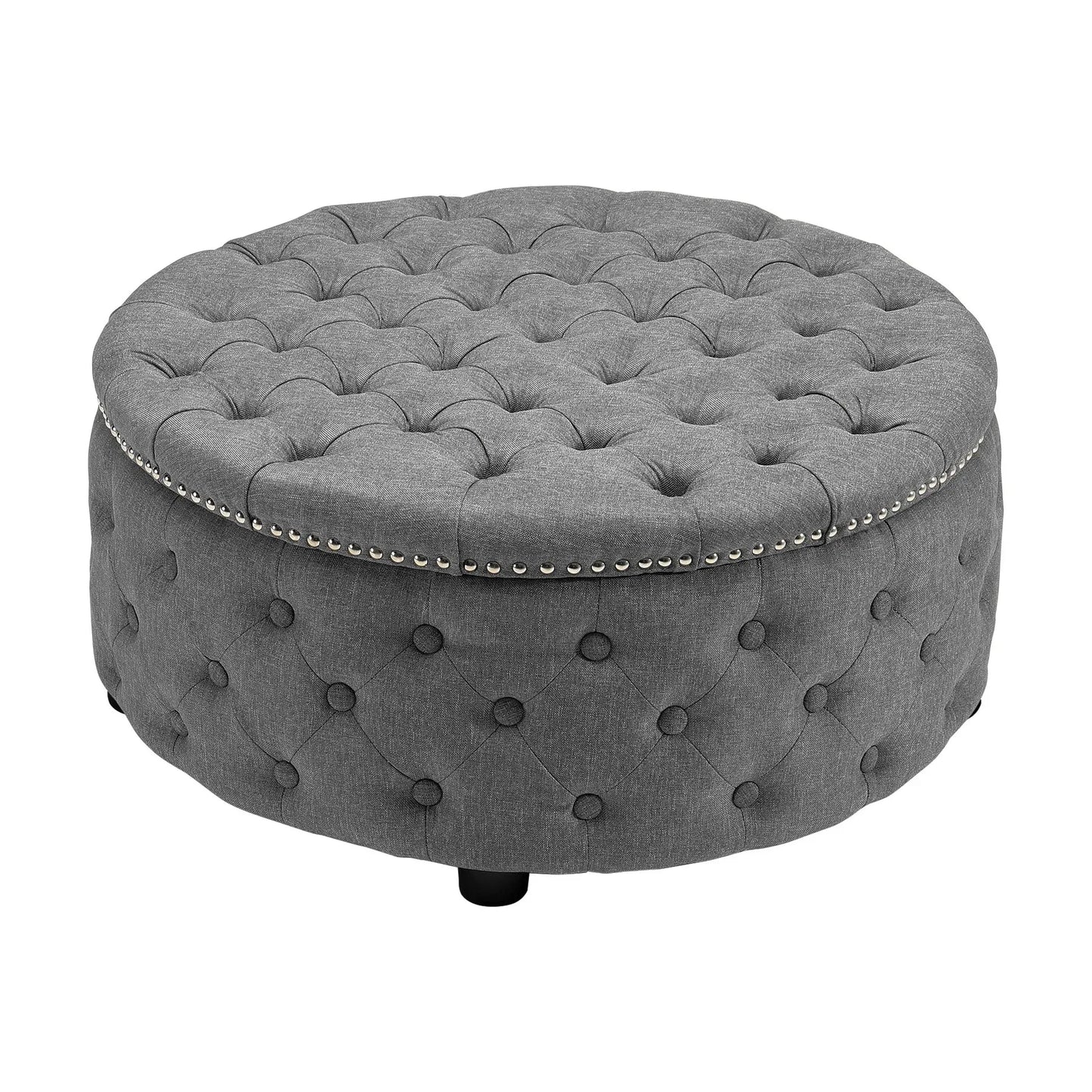 Round Linen Deep Buttoned Ottoman with Studded Edge