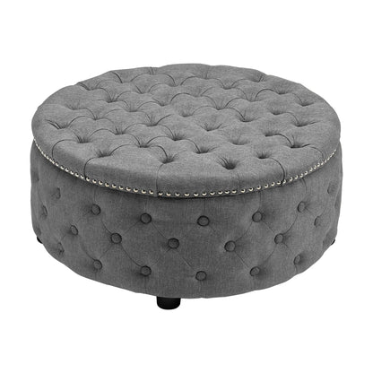 Round Linen Deep Buttoned Ottoman with Studded Edge
