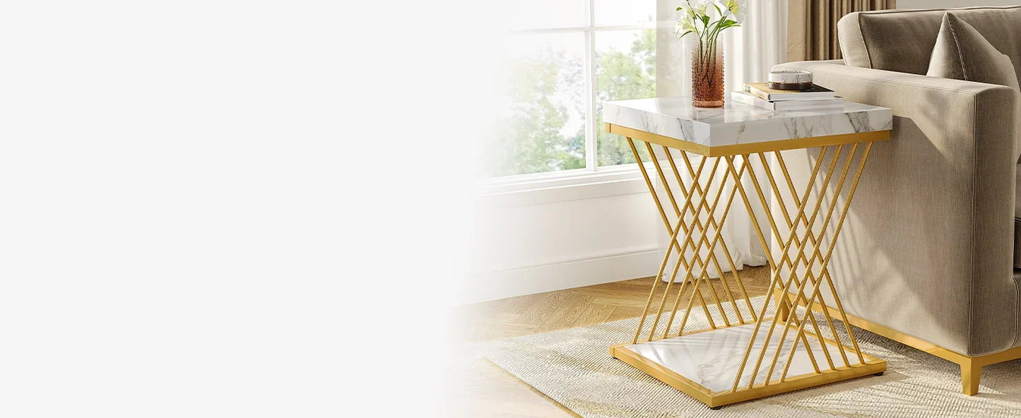 Square Side Table White Gold Side  Set of 2, 2-Tier End Table Modern Bedside Table Small Side