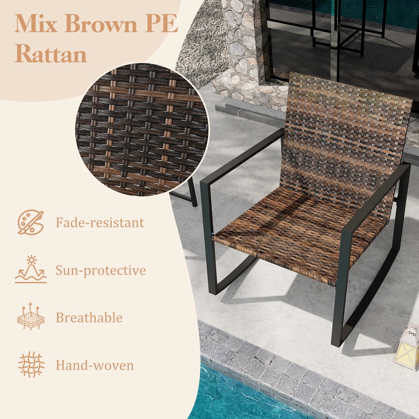 GOFLAME 3 Pieces Rocking Bistro Set, Metal Frame Wicker Rocker Chairs Set w/ Detachable Cushions