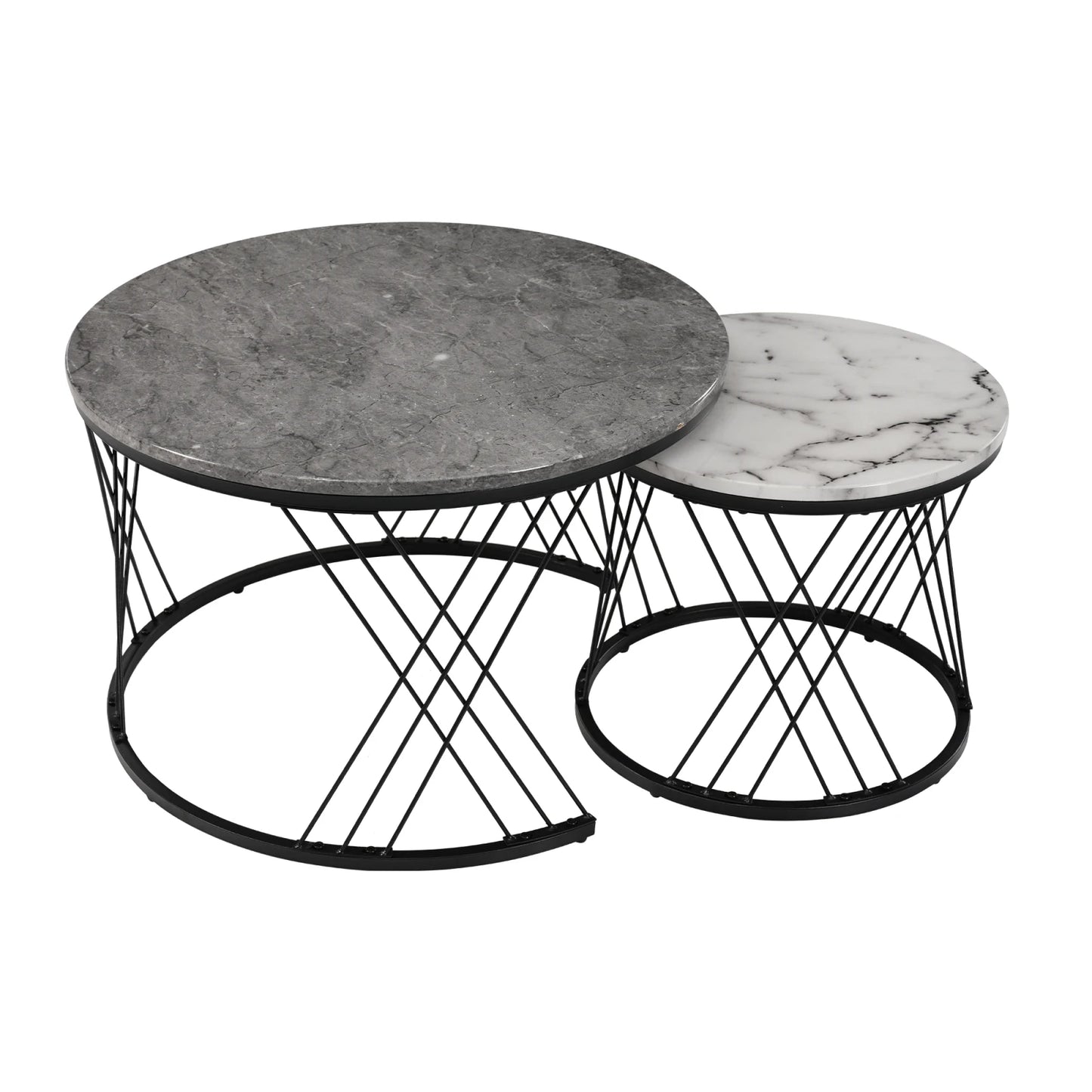 Nesting Round Coffee Table,2pcs Modern Tea Table,Marble Pattern Top With Metal Frame, Small Side Table,End Table For Living Room