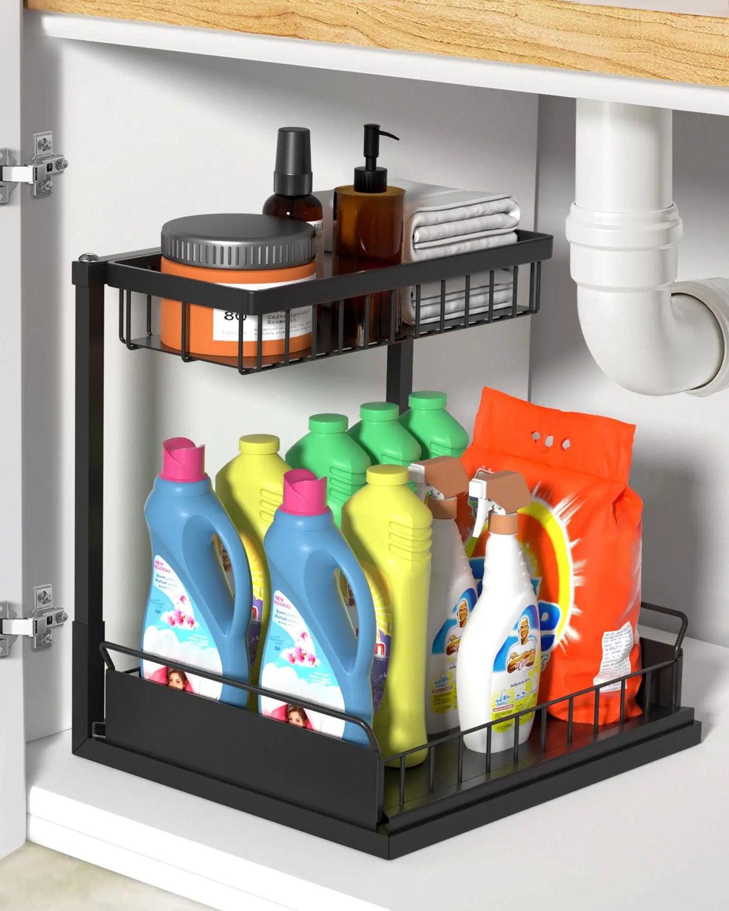 2 Tier Under Sink Organizer and Storage Basket,Slide Out Under Cabinet Organizer Shelf,Multi-Purpose Pull Out Drawer Cabinet