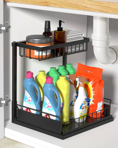 2 Tier Under Sink Organizer and Storage Basket,Slide Out Under Cabinet Organizer Shelf,Multi-Purpose Pull Out Drawer Cabinet