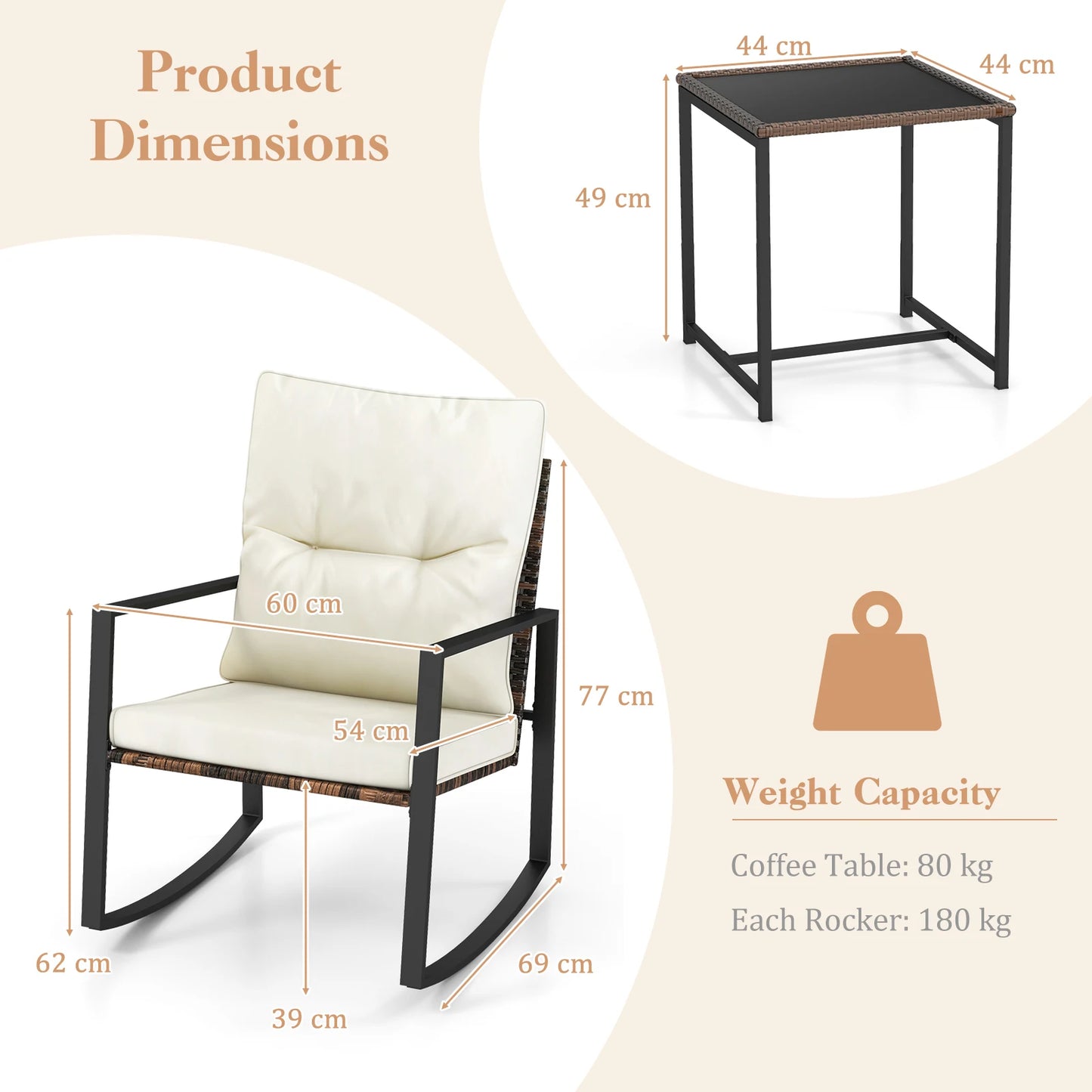 GOFLAME 3 Pieces Rocking Bistro Set, Metal Frame Wicker Rocker Chairs Set w/ Detachable Cushions