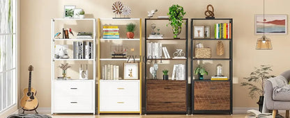Bookcase 4-Tier White Bookshelf with 2 Drawers Etagere Standard Book Shelves Display Shelf for Home Office