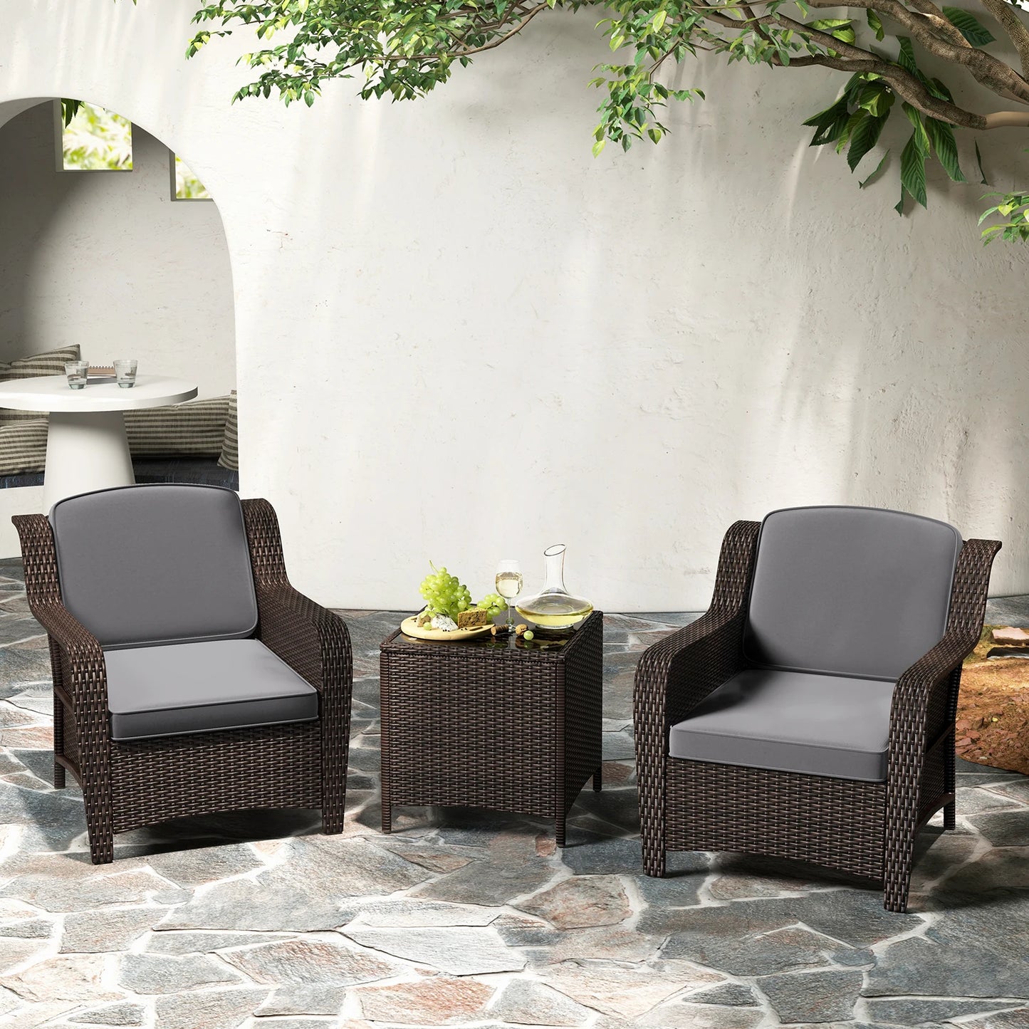 GOFLAME 3 Pieces Outdoor Patio Furniture Set, PE Rattan Wicker Chairs with Cushions and Tempered Glass Coffee Table