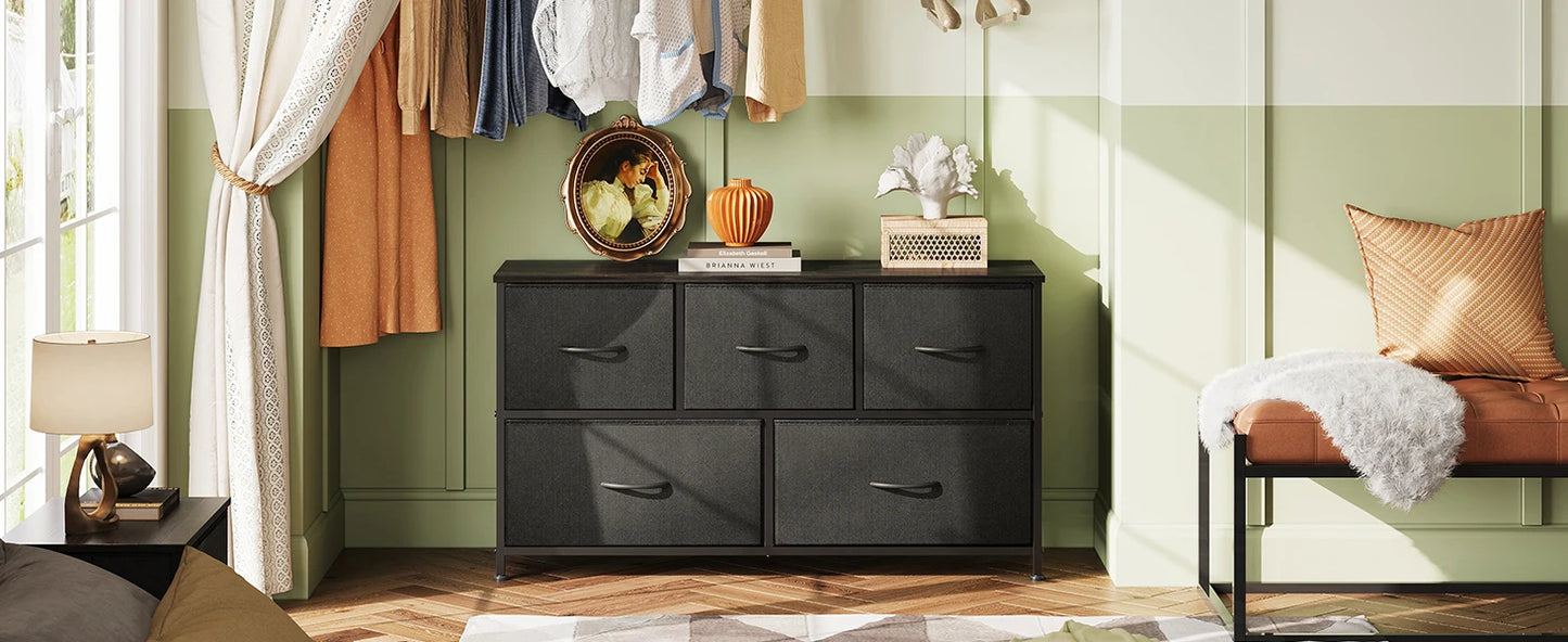 Chest of Drawers,5 Fabric Drawers Cabinet with Easy Pull Handle,Wood Top and Sturdy Steel Frame for Bedroom,Living Room
