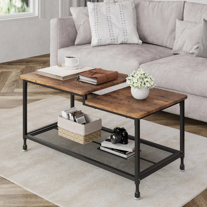 2-Tier Rustic Coffee Table Center Table with Mesh Shelf Rectangle Storage Cocktail Table Metal Frame for Living Room