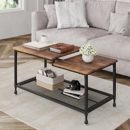 2-Tier Rustic Coffee Table Center Table with Mesh Shelf Rectangle Storage Cocktail Table Metal Frame for Living Room