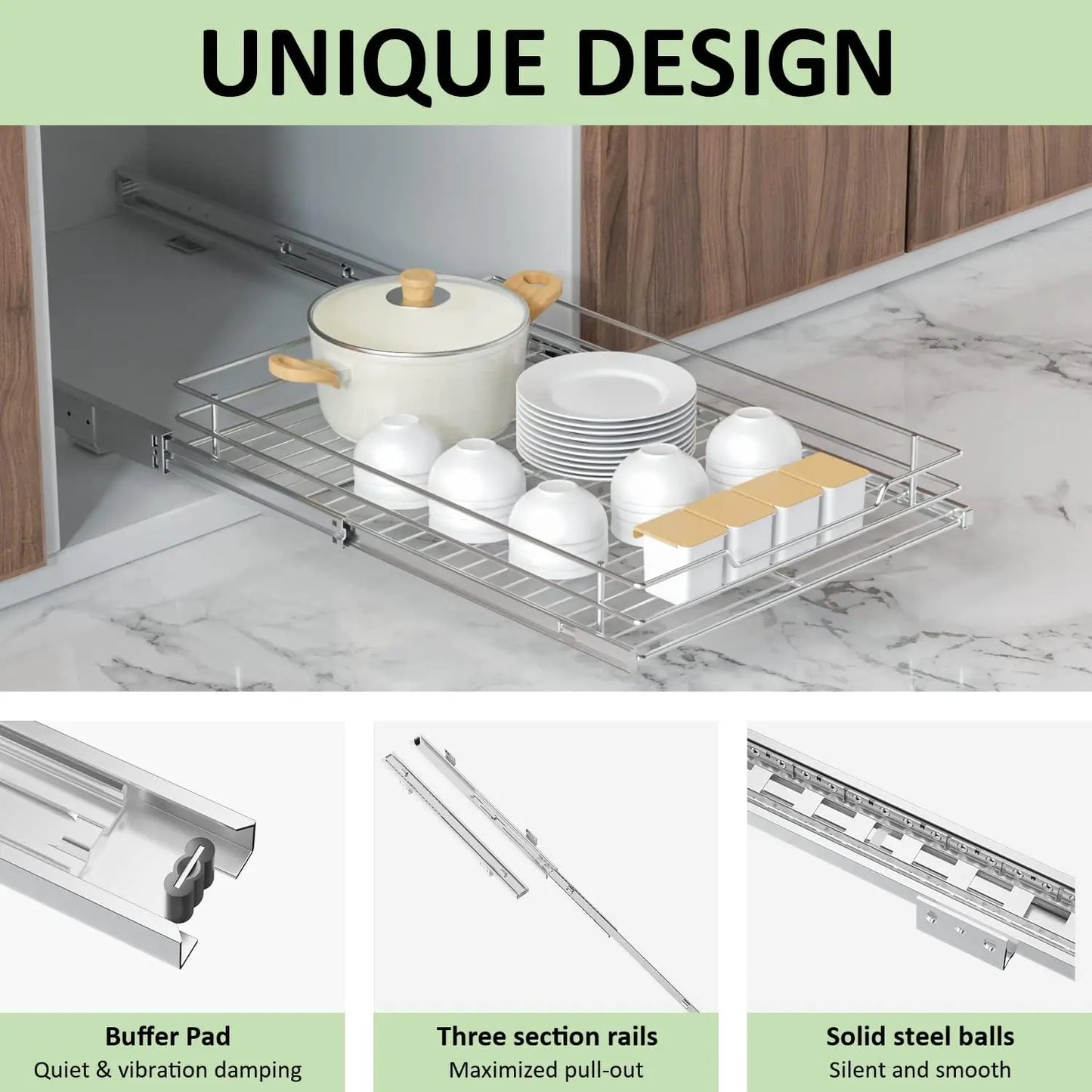 Pull Out Cabinet Organiser, Heavy Duty Slide Out Food Cupboard Shelf for Home, Kitchen, Bathroom, 14 inches W x 21 inches D