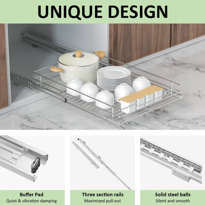 Pull Out Cabinet Organiser, Heavy Duty Slide Out Food Cupboard Shelf for Home, Kitchen, Bathroom, 14 inches W x 21 inches D