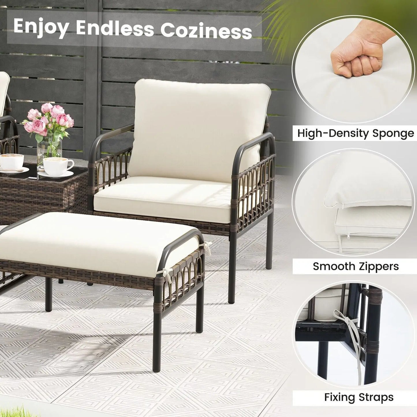 GOFLAME 5 Piece Patio Conversation Set Outdoor Wicker Chair Set w/ Ottomans
