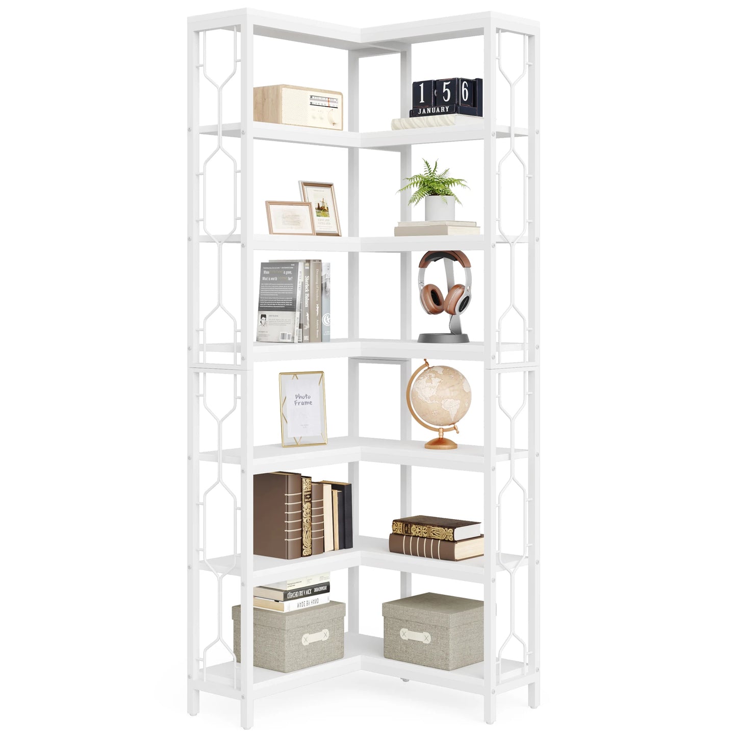 7-Shelf Corner Bookshelf,Large Modern Corner Bookcase, 7-Tier Tall Corner Shelf Storage Display Rack with Metal Frame