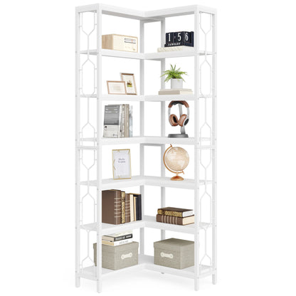 7-Shelf Corner Bookshelf,Large Modern Corner Bookcase, 7-Tier Tall Corner Shelf Storage Display Rack with Metal Frame