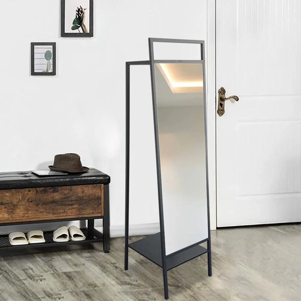 Black Metal Floor Mirror with Coat Rack For Bedroom Office 43cm W x 50cm D x 163cm H