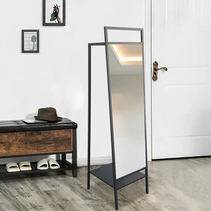 Black Metal Floor Mirror with Coat Rack For Bedroom Office 43cm W x 50cm D x 163cm H