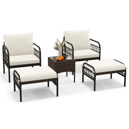GOFLAME 5 Piece Patio Conversation Set Outdoor Wicker Chair Set w/ Ottomans