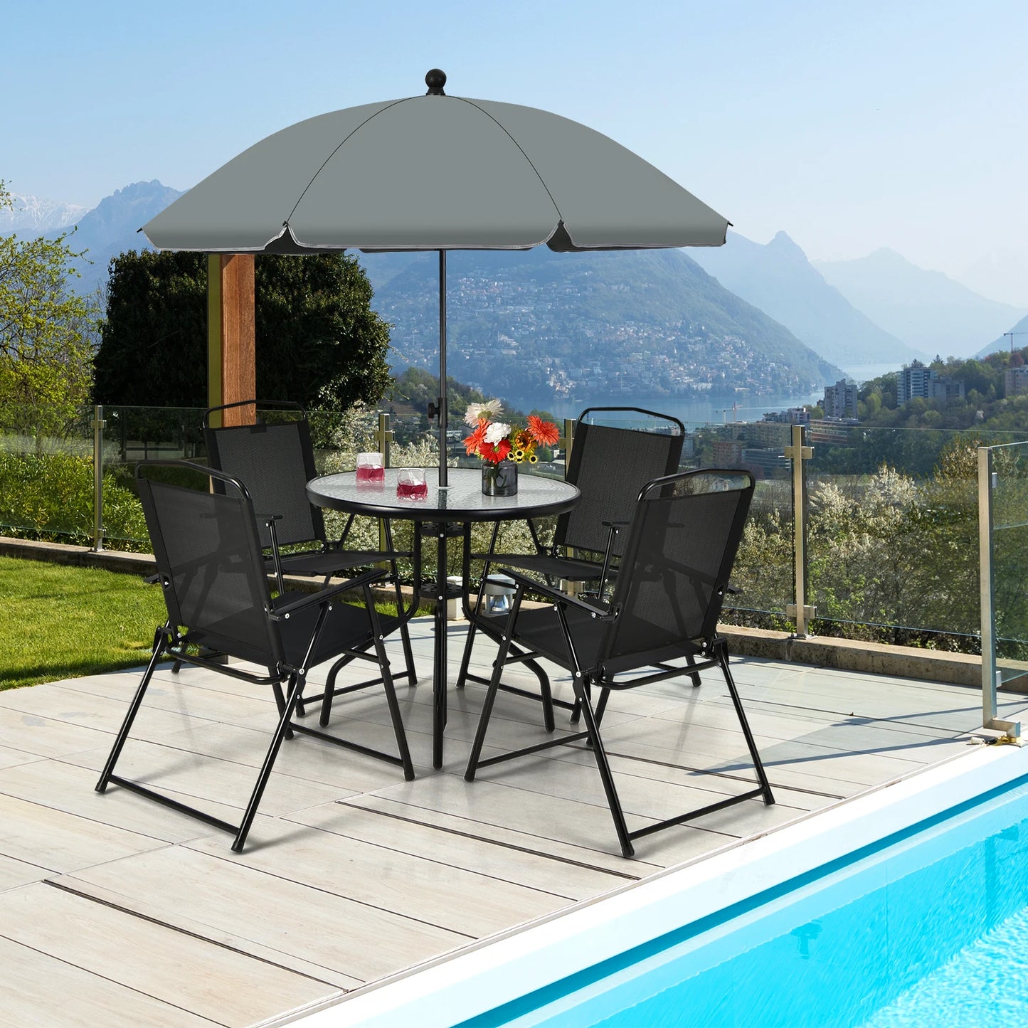 GOFLAME 6 Pieces Patio Table Set w/Adjustable Umbrella, 80 CM Round Table & 4 Folding Chairs Set