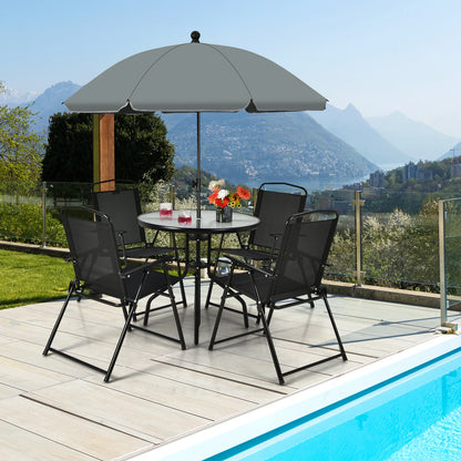 GOFLAME 6 Pieces Patio Table Set w/Adjustable Umbrella, 80 CM Round Table & 4 Folding Chairs Set