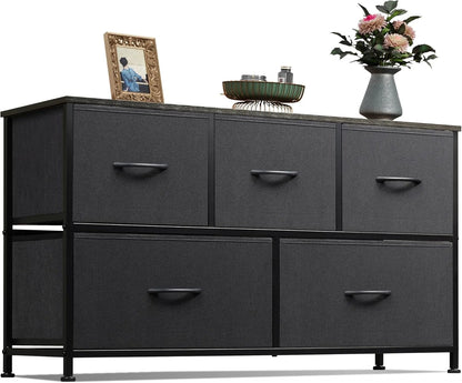 Chest of Drawers,5 Fabric Drawers Cabinet with Easy Pull Handle,Wood Top and Sturdy Steel Frame for Bedroom,Living Room