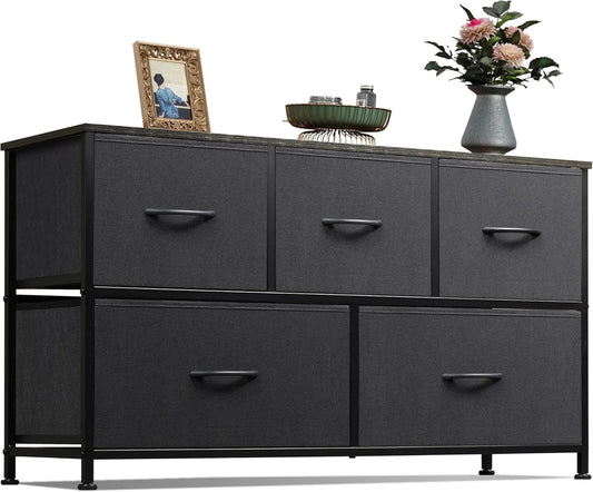 Chest of Drawers,5 Fabric Drawers Cabinet with Easy Pull Handle,Wood Top and Sturdy Steel Frame for Bedroom,Living Room