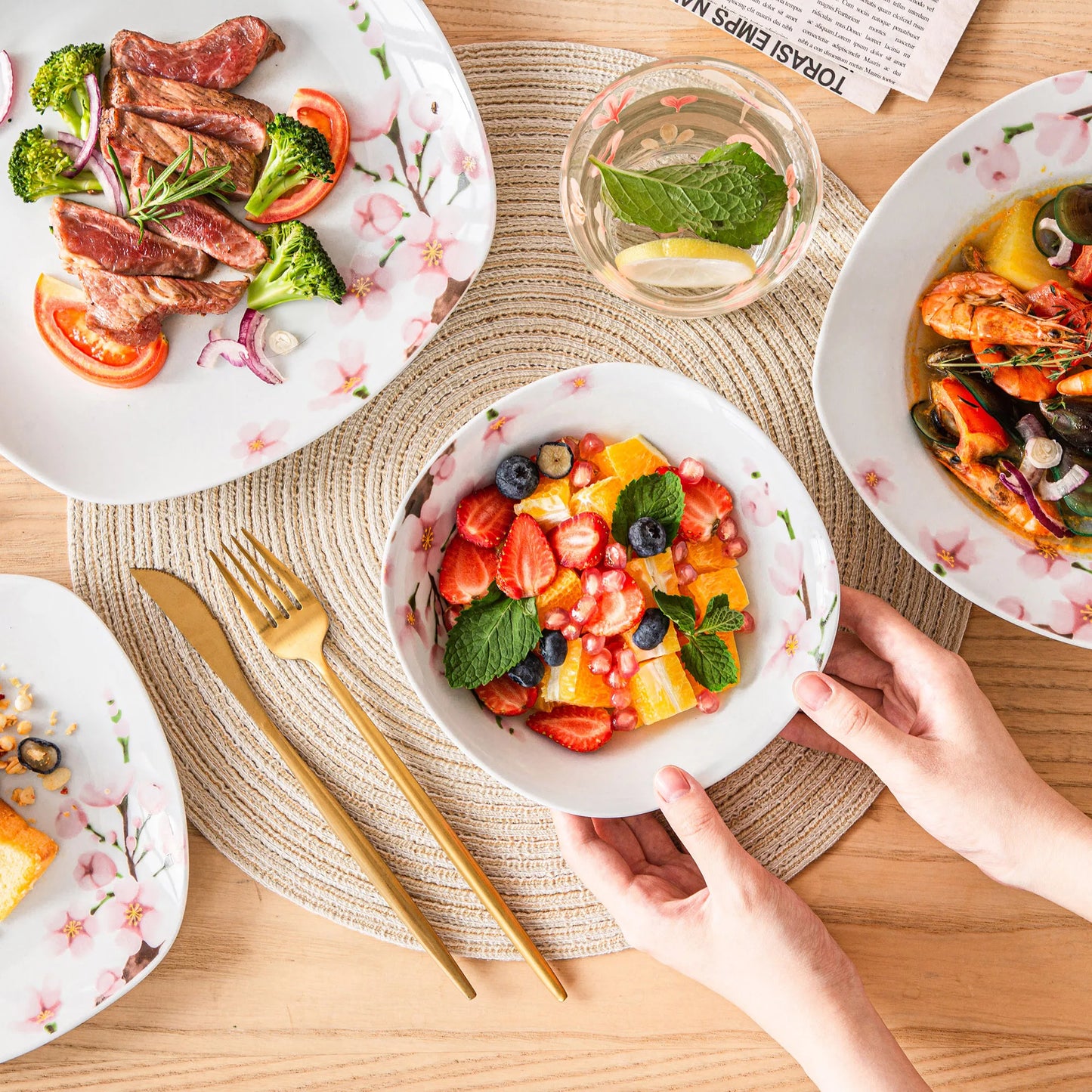 VEWEET ANNIE 48-Piece Porcelain Ceramic Tableware Dinner Plate Set with Bowl,Dessert Plate,Soup Plate,Dinner Plate for 12 Person