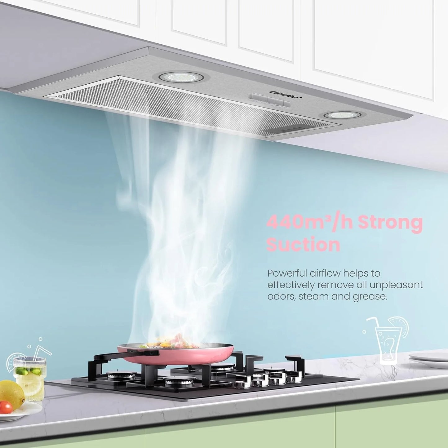 COMFEE Integrated Cooker Hood 52cm with LED Light, 520mm Built-in Extractor Fan Kitchen- Stainless Steel