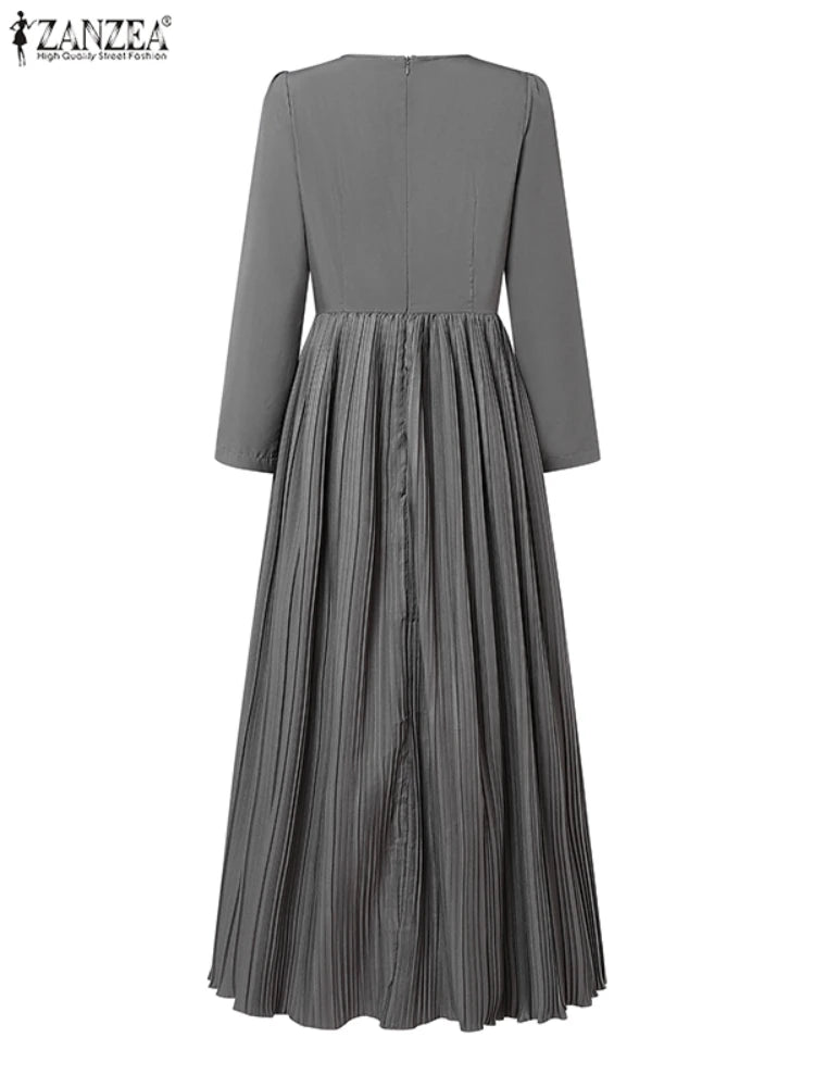 Autumn Pleated Sundress ZANZEA Spring Patchwork Maxi Dresses Women Long Sleeve Party Work Dress Fashion Casual Holiday Robe 2024
