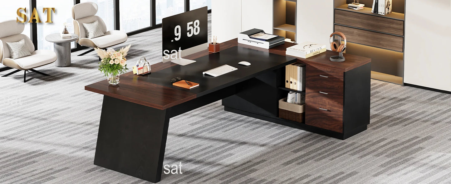 78" L-Shaped Executive Desk Large Office Desk with Drawers and Lateral File Cabinet