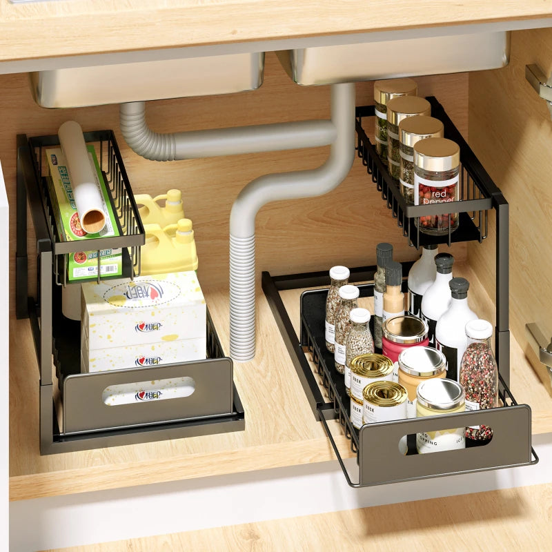 Under Sink 2 Tier Sliding Cabinet Basket Organizer Drawer Pull Out Cabinet Multi-Purpose Sink Organizer for Bathroom Kitchen