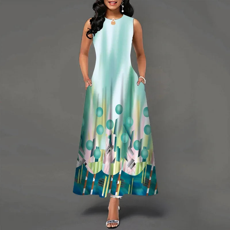 Flower Print New Casual Sleeveless Long Dress