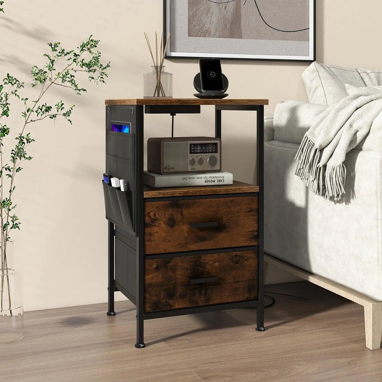 GOFLAME Set of 2 Nightstand with Charging Station Industrial Bedside Table W/ 2 Drawers