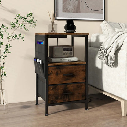 GOFLAME Set of 2 Nightstand with Charging Station Industrial Bedside Table W/ 2 Drawers
