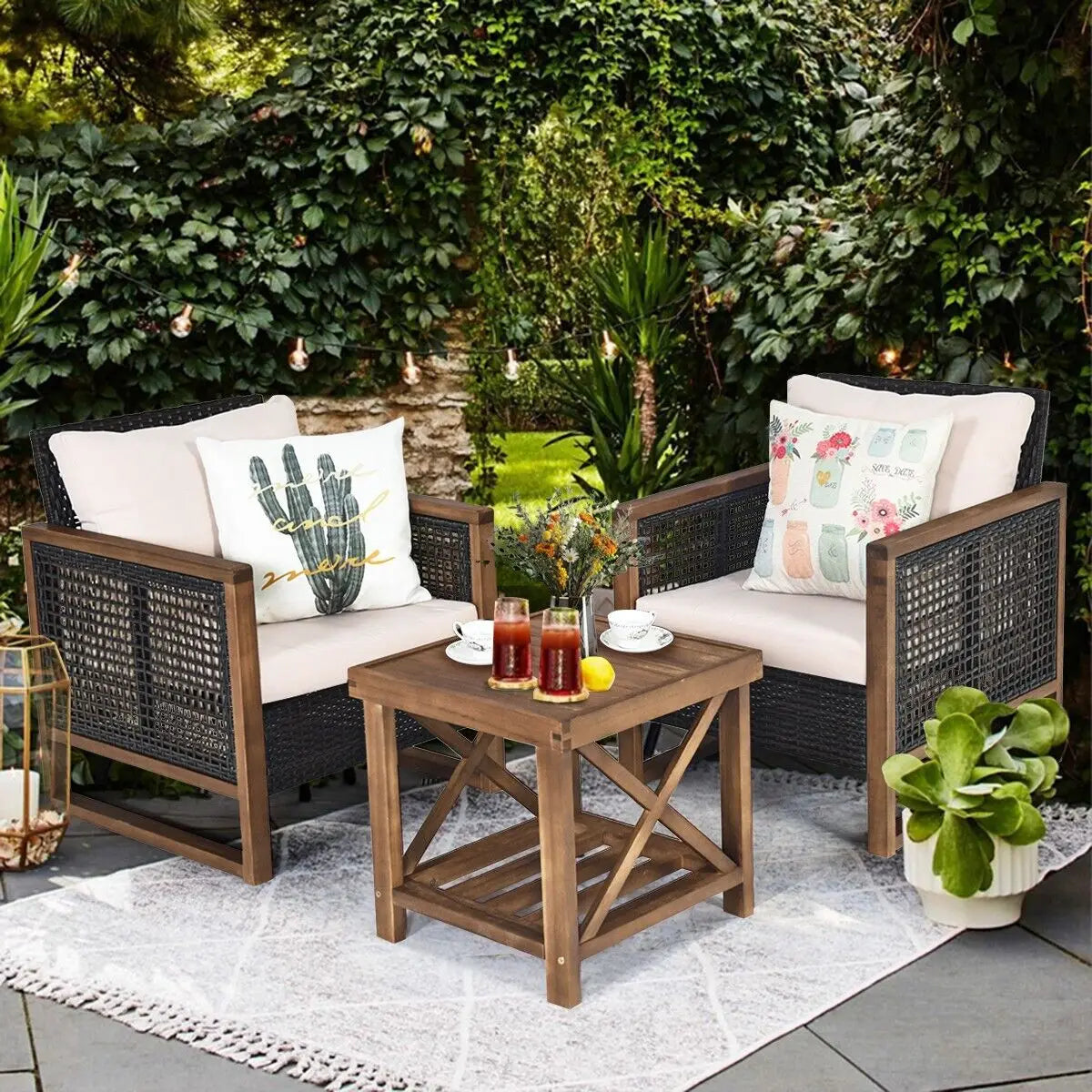 GOFLAME 3 PCS Patio Furniture Set, Outdoor Conversation Set with Acacia Wood Coffee Table & 2 PE Rattan Chairs