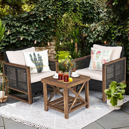 GOFLAME 3 PCS Patio Furniture Set, Outdoor Conversation Set with Acacia Wood Coffee Table & 2 PE Rattan Chairs