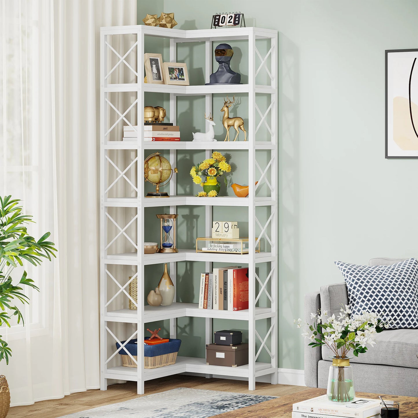 7-Shelf Corner Bookshelf,Large Modern Corner Bookcase, 7-Tier Tall Corner Shelf Storage Display Rack with Metal Frame