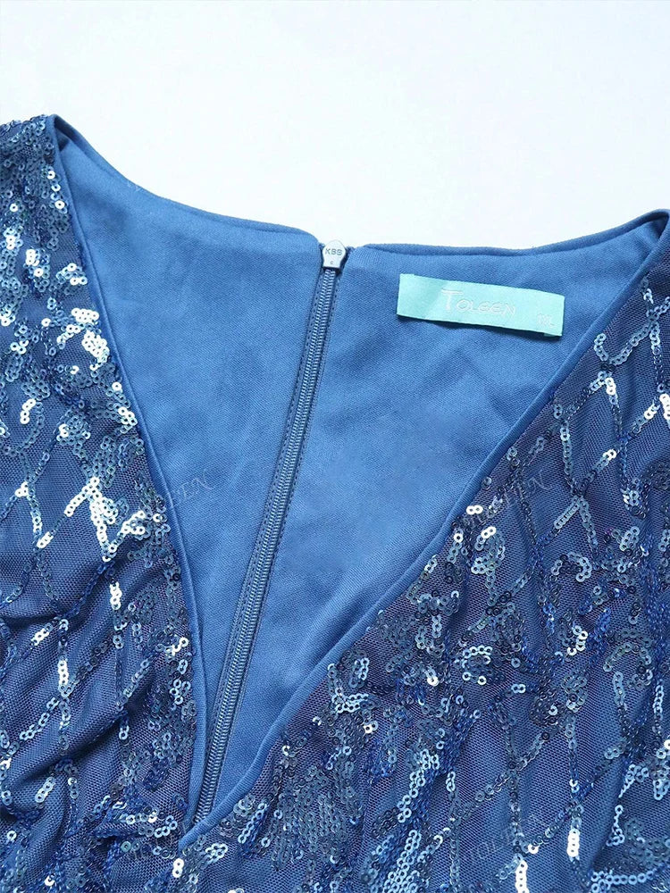 TOLEEN 2024 New Plus Size Twist Knot Long Sleeve Formal Evening Gown Women Luxury Elegant Sequin Plaid Party Prom Maxi Dresses