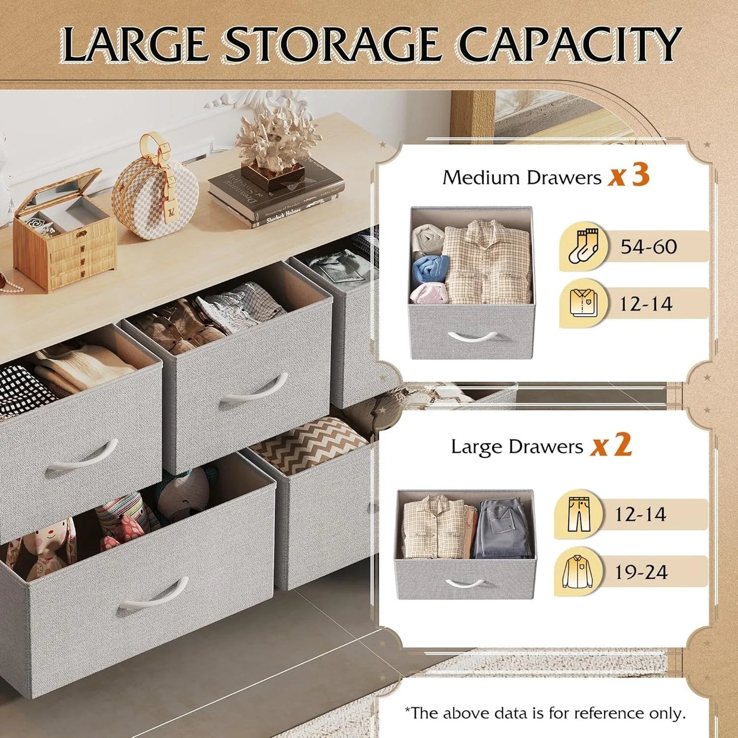 Chest of Drawers,5 Fabric Drawers Cabinet with Easy Pull Handle,Wood Top and Sturdy Steel Frame for Bedroom,Living Room