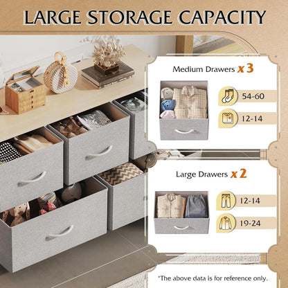 Chest of Drawers,5 Fabric Drawers Cabinet with Easy Pull Handle,Wood Top and Sturdy Steel Frame for Bedroom,Living Room